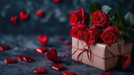 Gift box accompanied by a bouquet of fresh roses and celebratory red hearts set against a dark backdrop. Conceptual gift idea for Valentine's Day, Weddings, or Birthdays, Ai Generatedの素材