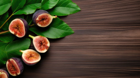 igs, both whole and sliced, accompanied by their verdant leaves, artfully arranged upon a rustic wooden table, Ai Generatedの素材