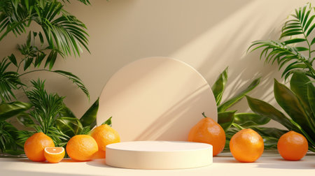 Summer-themed mockup for showcasing products. An empty podium with orange fruits, presented on a beige background. A 3D rendering illustration, Ai Generated.の素材