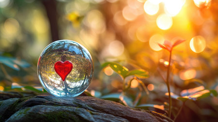 Love in Nature's Embrace: A Valentine's Day Background featuring a Glass Sphere with a Red Heart Symbol, set against a Beautifully Blurred Natural Background, Ai Generatedの素材