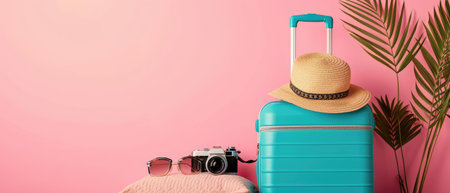 Concept of summer holidays and exploration. Travel suitcase or baggage with accessories like sun glasses, a hat, a pillow, and a camera, arranged on a soft pastel pink backdrop, Ai Generated.の素材