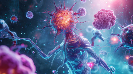 A vibrant portrayal of immunotherapy, a healthcare method that harnesses the body's immune response to tackle diseases, AI Generatedの素材