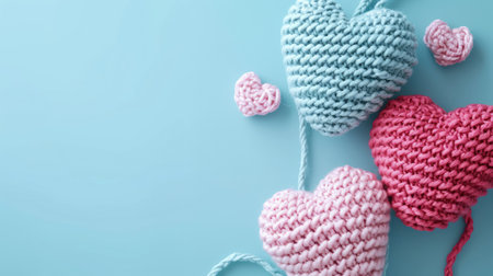 A Picture of a Crocheted Cute Heart, Blue background, Ai Generatedの素材