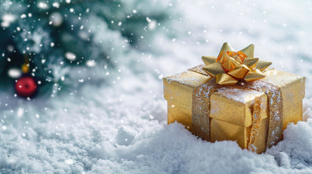 Christmas greeting card featuring a Noel festive backdrop. Symbol of the New Year. Gold gift box placed on snow. Festive background offering copy space, Ai Generatedの素材