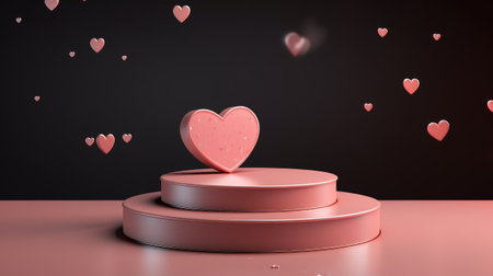 A display podium adorned with hearts on a dark background, designed to present cosmetic items for Valentine's Day in a minimalistic, romantic style suitable for brand showcasing, Ai Generated.の素材