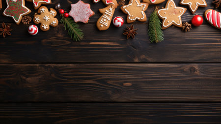 Charming holiday treat arrangement with cookies on a table. View from above, set against a rustic, dark wooden banner setting. A joyful concept in holiday baking, Ai Generated.の素材