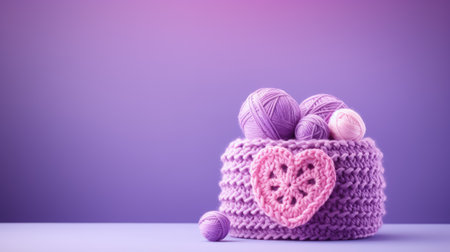 A Picture of a Crocheted Cute Basket, Purple background, Ai Generatedの素材