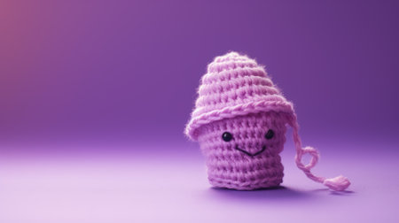 A Picture of a Crocheted Cute Mushroom, Purple background, Ai Generatedの素材