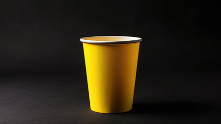 Side perspective of a yellow, empty disposable paper cup for fast food, isolated on a black background, Ai Generated.の素材