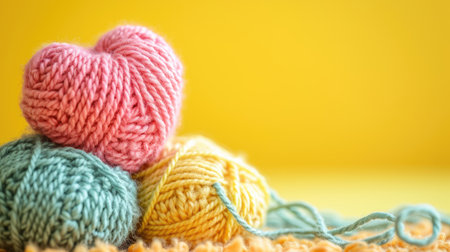 A Picture of a Crocheted Cute Heart, Yellow background, Ai Generatedの素材