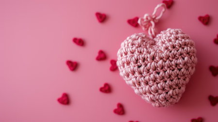 A Picture of a Crocheted Cute Heart, Pink background, Ai Generatedの素材
