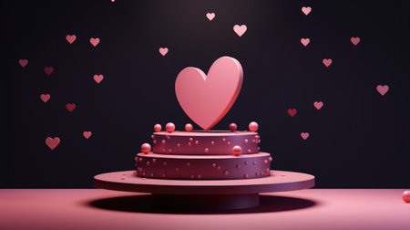 A display podium adorned with hearts on a dark background, designed to present cosmetic items for Valentine's Day in a minimalistic, romantic style suitable for brand showcasing, Ai Generated.の素材