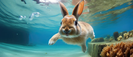 It has a white coat with brown spots. The rabbit is swimming with its head above water and its ears sticking out., Ai Generatedの素材