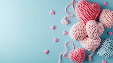 A Picture of a Crocheted Cute Heart, Blue background, Ai Generatedの素材