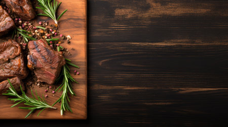 Succulent pan-fried beef seasoned with rosemary, presented on a wood surface, top perspective. Banner format with space for your message, Ai Generated.の素材