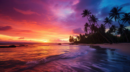 Stunning vibrant sunset over a tropical beach, silhouetted with coconut palms, Ai Generated.の素材