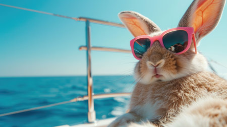 The rabbit is wearing sunglasses and a life jacket, Ai Generatedの素材