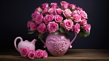 Exquisite pink garden roses in a heart-shaped container, set against a dark background, Ai Generated.の素材
