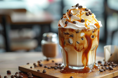 The glass is sitting on a wooden table. The iced coffee is a dark brown color, and it has a thick layer of whipped cream on top, Ai Generatedの素材