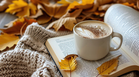 The cappuccino is topped with a thick layer of foam, and the book is open to a page with a leaf and a sweater, Ai Generatedの素材