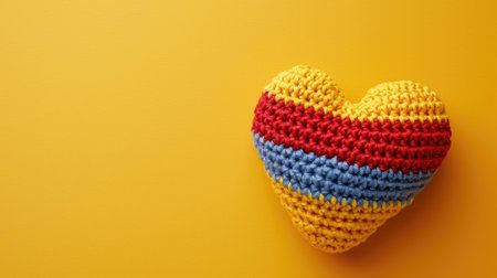 A Picture of a Crocheted Cute Heart, Yellow background, Ai Generatedの素材