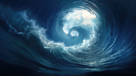 Ocean's azure swirls converging into a round vortex resembling a water tornado, Ai Generatedの素材