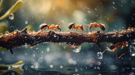 In the realm of macro photography, ants on a branch unveil a mesmerizing miniature universe, Ai Generated.の素材