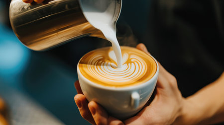 The person is wearing a blue shirt and jeans, and they are holding a cup of coffee, Ai Generatedの素材