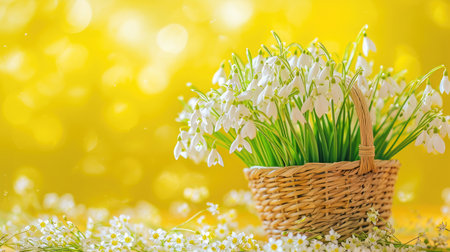 Vivid and charming backdrop of spring, featuring a basket brimming with snowdrops set on a sunny yellow background, AI Generatedの素材