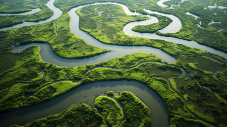 A vibrant turquoise river snakes its way through lush green rainforest, its surface dotted with the emerald leaves of fallen trees, Ai Generatedの素材