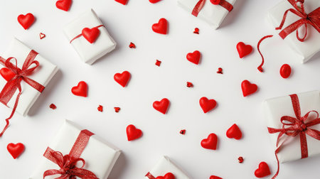 White gift box accompanied by festive red hearts on a white background. A side-view concept ideal for Valentine's Day, Weddings, or Birthdays, Ai Generatedの素材