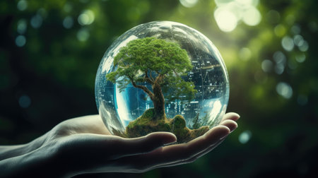Embracing sustainability, the robotic hand holds Earth crystal, tree, and hopes, Ai Generated.の素材