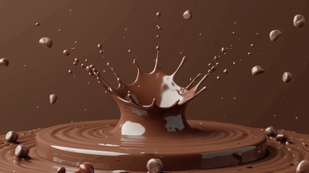 A podium set against a backdrop of a chocolate splash, perfect as a mockup for showcasing milk products, Ai Generated.の素材
