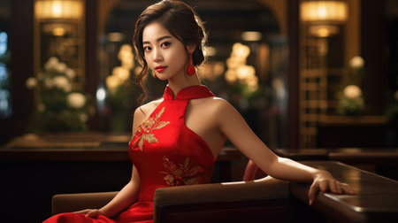 Traditional clothing and expressive face capture a Chinese woman's cultural essence, Ai Generatedの素材