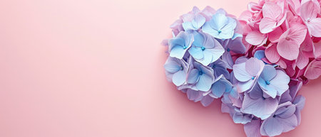 Festive banner featuring a bouquet of hydrangeas set against a pastel background. A concept perfect for Mother's Day, with copy space, Ai Generated.の素材
