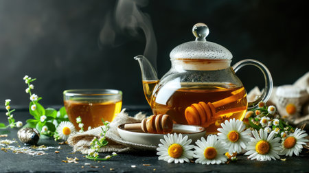 A glass teapot filled with tea next to a cup of tea. The teapot is made of clear glass, and it has a simple design, Ai Generatedの素材