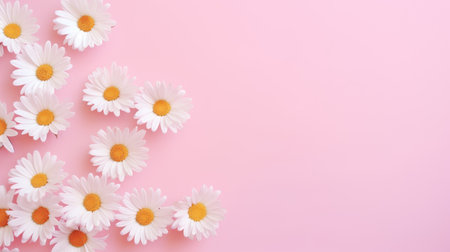 Simplistic and stylish concept. White daisy chamomile flowers arranged on a pale pink background. A creative take on lifestyle, summer, and spring themes, Ai Generated.の素材