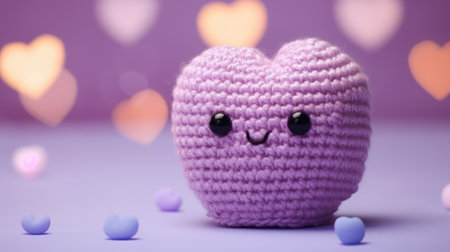 A Picture of a Crocheted Cute Heart, Purple background, Ai Generatedの素材