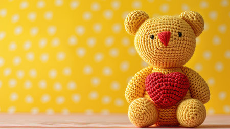 A Picture of a Crocheted Cute Bear, Yellow background, Ai Generatedの素材