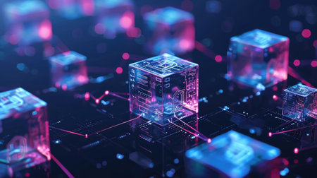 Isometric digital blocks connect with each other, forming a crypto chain, Ai Generated.の素材