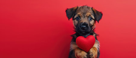 Cute puppy with a red heart stands out on a monochromatic red backdrop, Ai Generatedの素材