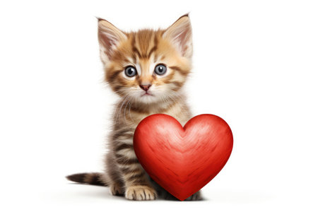 Adorable red striped kitten with a red heart, epitomizing love and charm, Ai Generatedの素材