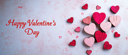 Wooden hearts in red and pink stand out on a paper-textured table, Ai Generatedの素材