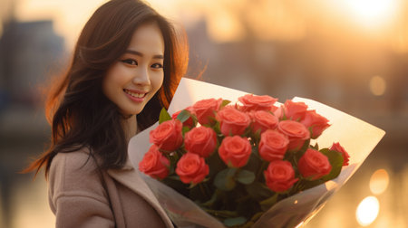 In the glow of love, an Asian woman's smile lights up as she receives Valentine roses, Ai Generatedの素材