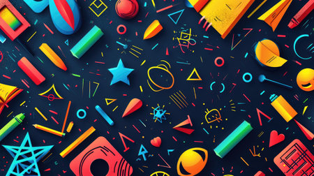 Lively back-to-school backdrop featuring an explosion of vibrant geometric shapes, Ai Generated.の素材
