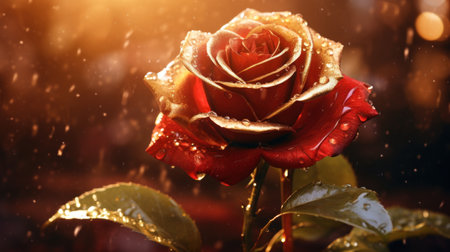 Water drops glisten on a red golden rose, capturing natural beauty, Ai Generatedの素材