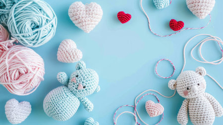 A Picture of a Crocheted Cute Bear, Blue background, Ai Generatedの素材