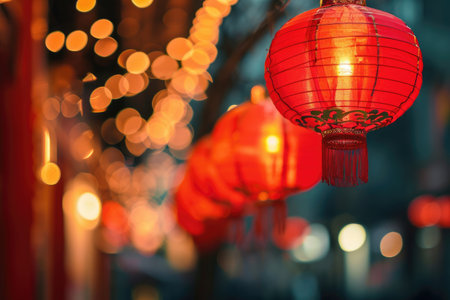 Festive evening illuminated by the gentle radiance of red lanterns, Ai Generatedの素材