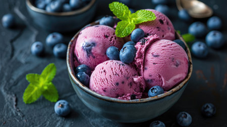 Homemade blueberries ice cream in a bowl with fresh blueberries, exuding cool delight, Ai Generated.の素材