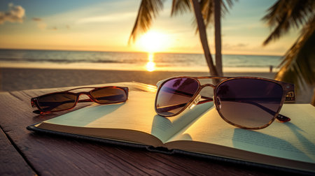Enhance your workspace with a wooden table featuring a stylish arrangement of a notebook and sunglasses, Ai Generated.の素材